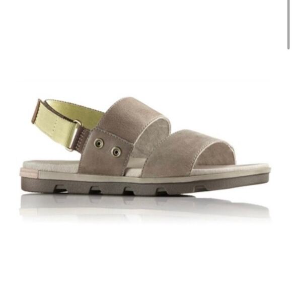 Sorel Torpeda Double Strap Slingback Sandal Flat Soft Leather Grey Yellow Sz 7 - Picture 1 of 16